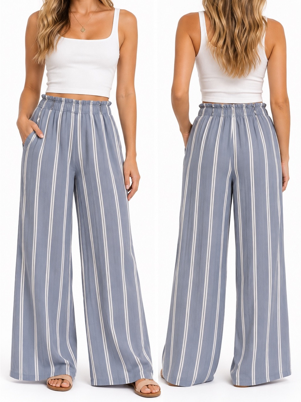 H&M Blue and White Vertical-Stripe Wide-Leg Pants